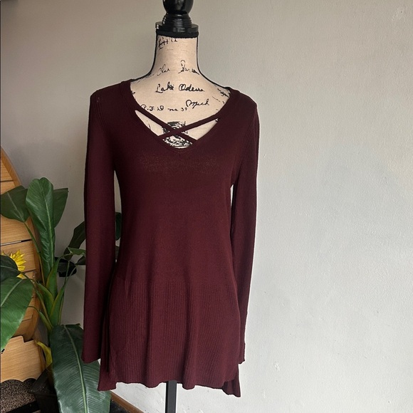 Free People Criss Cross Boho Tunic Mocha Sweater Size Small - Picture 5 of 14